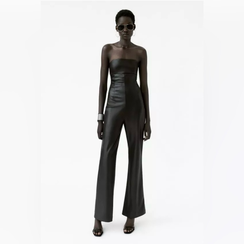 Zara Black Faux Leather Straplesss Jumpsuit